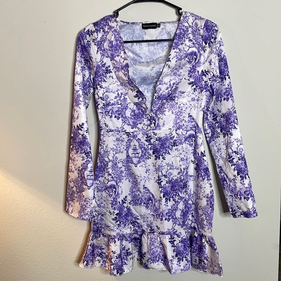 Purple and White Patterned Mini Dress - Picture 1 of 8